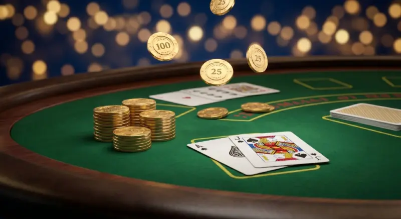 Table de casino avec cartes, jetons et ambiance lumineuse